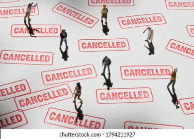 Silhouette Of Diverse Group Of People On Cancelled Stamp Background. People And Cancel Culture Concept. Men And Women Face Judgement On The Internet Or Social Media. Callout Culture And Group Shaming,