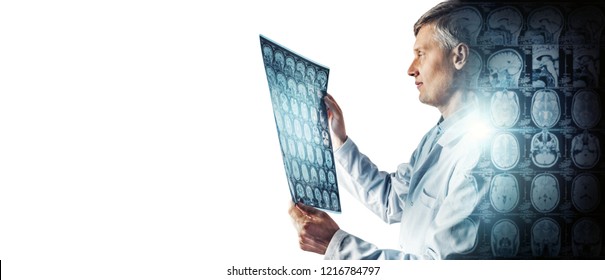 Silhouette of the doctor on the background of CT scan with brain. Isolated on white. Science, medical and education mri concept background. - Powered by Shutterstock