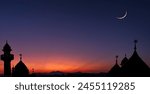 Silhouette dome mosques and crescent moon on dusk sky twilight well space for text Eid Al Adha, Muharram 