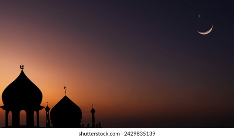 Silhouette dome Mosques on dusk sky twilight with Crescent moon, Religion of Islamic well space for text Ramadan Kareem, Eid Mubarak, Eid Al Adha, Eid Al Fitr - Powered by Shutterstock