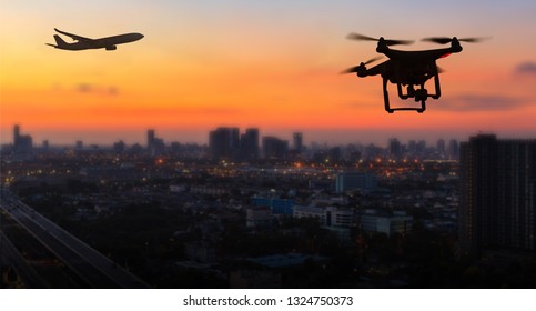 Silhouette of drone flying near an airport with airplane, no drone zone concept - Powered by Shutterstock