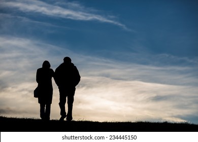 silhouette of elderly couple walking on hill 