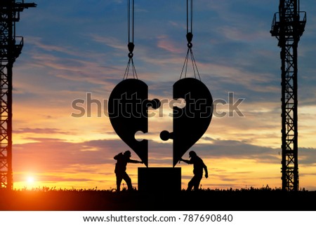 silhouette of Engineer heart shape builder in construction. Valentines Day