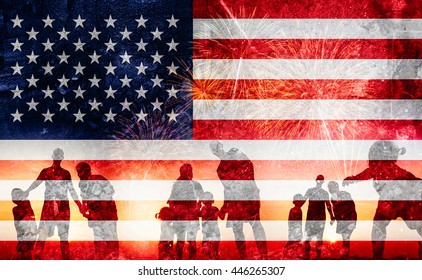 Silhouette of family happy on the Independence Day (United States) or ID4