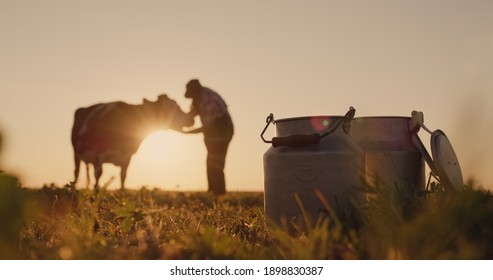 The silhouette of a farmer, stands near a cow. Milk cans in the foreground