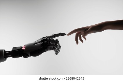 Silhouette of female hand touching the hand of a robot against white background  - Shutterstock ID 2268042345