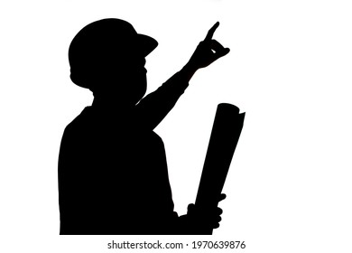 silhouette figure of young construction worker in hard hat on white isolated background showing with finger direction forward, manager responsibility