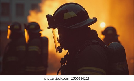 silhouette of firefighters, after extinguishing the fire, carrying out fire extinguishing duties