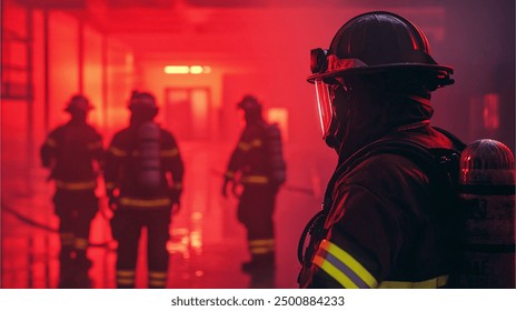 silhouette of firefighters, after extinguishing the fire, carrying out fire extinguishing duties - Powered by Shutterstock