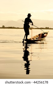 Silhouette of Fisherman in inle lake, Myanmar.