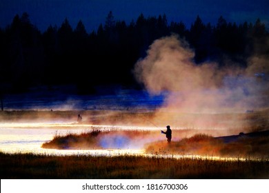 Silhouette of Fishing Flyfishing rod reel in river with golden sunlight