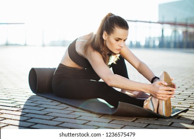 Silhouette Fitness Woman Profile Stretching Sunrise Stock Photo ...