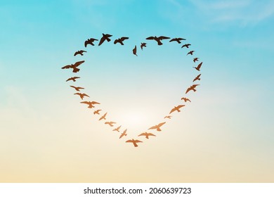 Silhouette of flying flock birds in shape heart against blue sky background. - Shutterstock ID 2060639723
