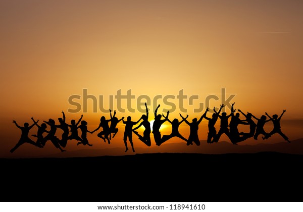 Silhouette Friends Jumping Sunset Stock Photo Edit Now 118941610 Silhouette Friends Jumping Sunset Stock Photo Edit Now 118941610