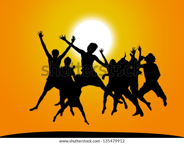 Стоковая фотография 135479912 Silhouette Friends Jumping Sunset Time Shutterstock 