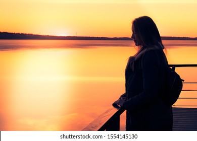 Silhouette Girl Against Sunset Stock Photo (Edit Now) 1554145130