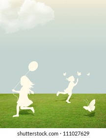 silhouette of girl and boy playing with butterfly and Balloon under sky .paper cut style