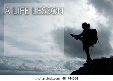 Silhouette Of Girl Hikers With Backpack And Map On The Mountain,wording Is 