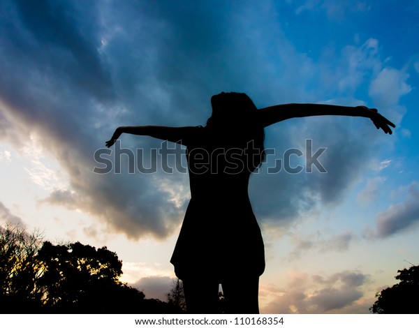 Silhouette Girl Reaching Sky Stock Photo Edit Now 110168354