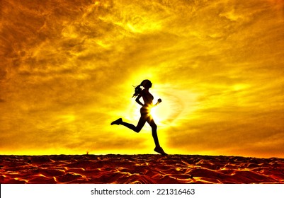 Silhouette of a girl running on the background of clouds the effect of film