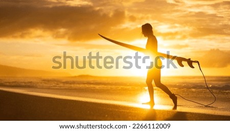 A silhouette of a girl surfer on the beach at sunset. A woman walking from the ocean after surf on banzai pipeline north shore Oahu Hawaii.