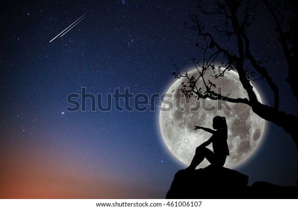 Silhouette Girl Waiting Someone Under Moon Stock Photo Edit Now