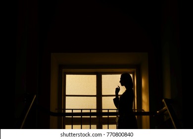 Silhouette Of A Girl In A Window