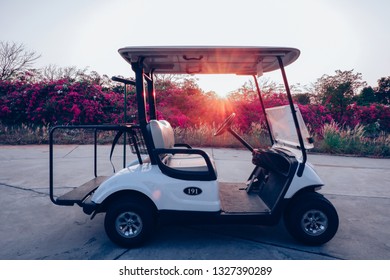 Silhouette Golf Cart In Golf Course With Colorful Twilight Sky Soft Cloud For Background Backdrop Use