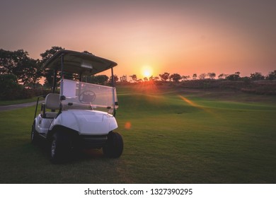 Silhouette Golf Cart In Golf Course With Colorful Twilight Sky Soft Cloud For Background Backdrop Use