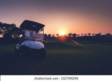 Silhouette Golf Cart In Golf Course With Colorful Twilight Sky Soft Cloud For Background Backdrop Use