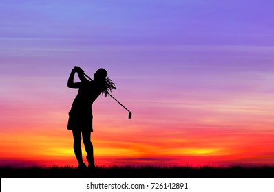 silhouette golfer playing golf during beautiful sunset