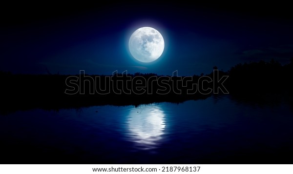 silhouette of the grass against full\
moon. the shadow of the full moon on surface of\
water