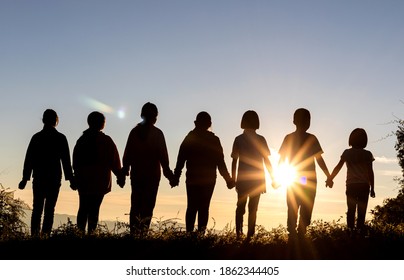 Sihouette Group People Sunset Sky Background Stock Photo 1738720082 ...