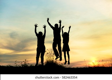 Silhouette Group Friends Having Fun Jumps Stock Photo 582463354 ...