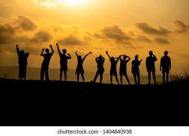 Silhouette Group People Celebrating Success On Stock Photo 1404840941 ...