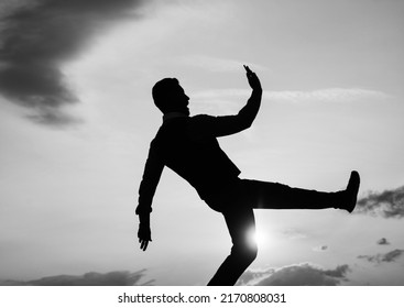 Silhouette Of Guy Making Step In Sense Of Freedom On Sunrise Sky, Future