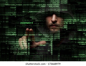 Silhouette of a hacker looking in monitor with binary codes and words 