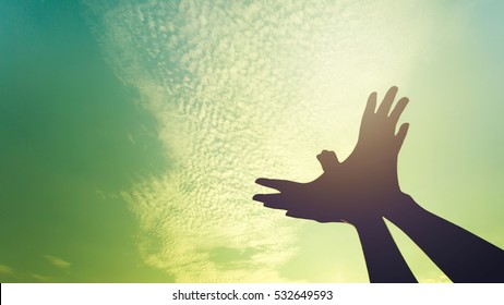 Silhouette of a hand gesture like bird flying on vintage sky - Powered by Shutterstock