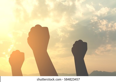 Silhouette Hands Fist With Sun Lighting In Morning