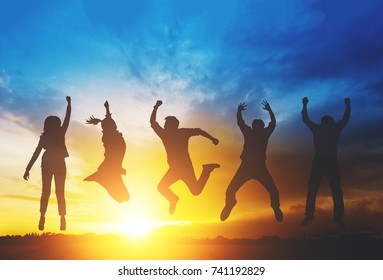 Silhouette Happiness Teamwork Jumping Business Successful Stock Photo ...