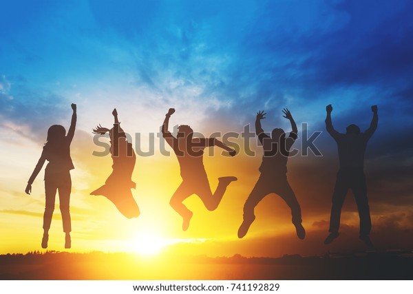 Silhouette Happiness Teamwork Jumping Business Successful Stock Photo 