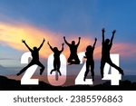 Silhouette happy business teamwork jumping congratulation and celebrate in Happy New year 2024 for change new life future concept. Freedom lifestyle group people team jump part of Number 2024 success