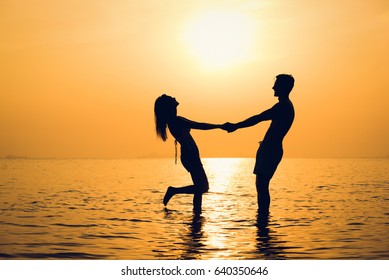 Silhouette Happy Lovely Couple Holding Hands Stock Photo 640350646 