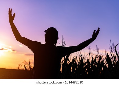 Silhouette Of Happy Successful Corn Farmer In Cornfield In Sunset With Arms Raised In The Air, Confident Farm Worker Expecting Good Harvest