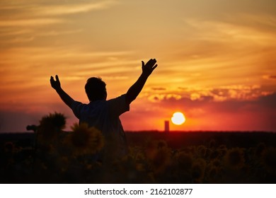 Silhouette Of Happy Successful Corn Farmer In Cornfield In Sunset With Arms Raised In The Air, Confident Farm Worker Expecting Good Harvest