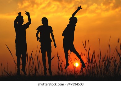 Silhouette Happy Tree Kids Playing Jumping Stock Photo 749334508 ...