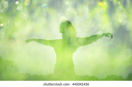 Silhouette Happy Woman. Double Exposure, Flying Woman On A Green Nature Background With Green Natural Bokeh. Ecology Concept.