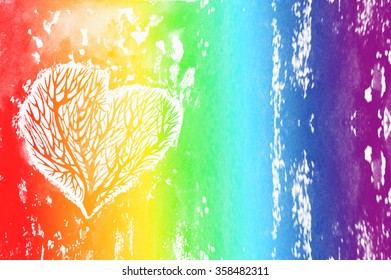 The silhouette of a heart with the trees inside, rainbow watercolor background. Watercolor background colour of the rainbow