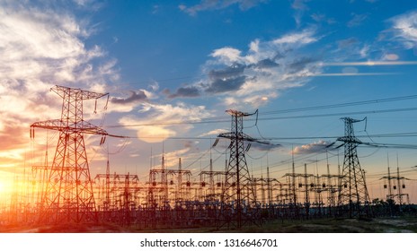 silhouette of high voltage electrical pole structure.