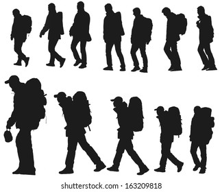 The silhouette of hikers isolated on a white background